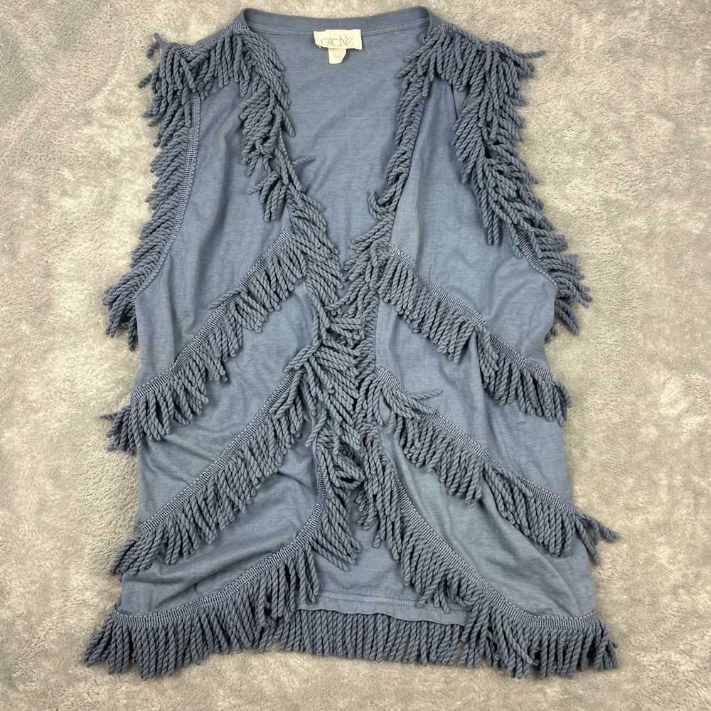 VTG Cache Fringe Vest Blue Sleeveless Shaggy Open Front Layering One Size USA‎